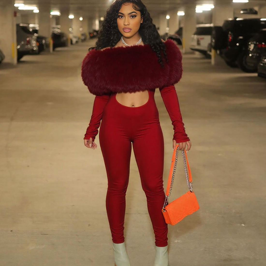 Off-shoulder Furry Jumpsuit for HER